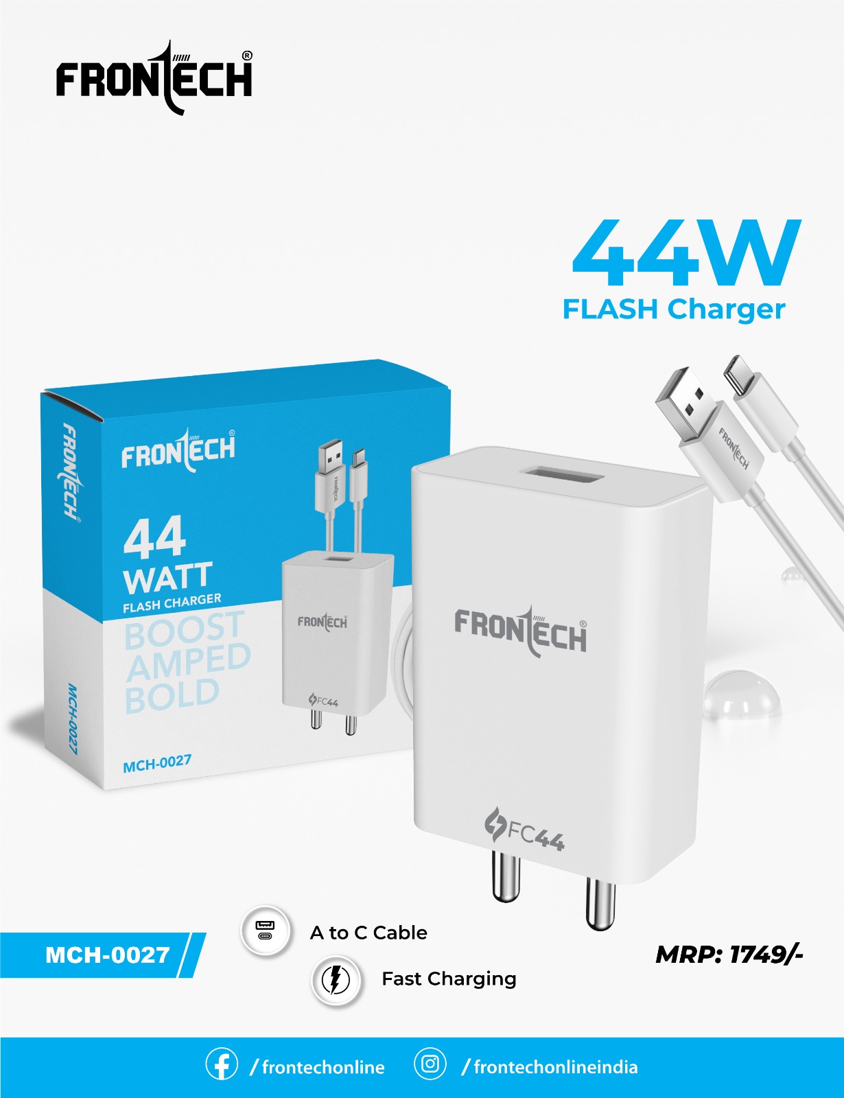 FRONTECH 44W Flash Charger with A to C Cable (Model: MCH-0027)